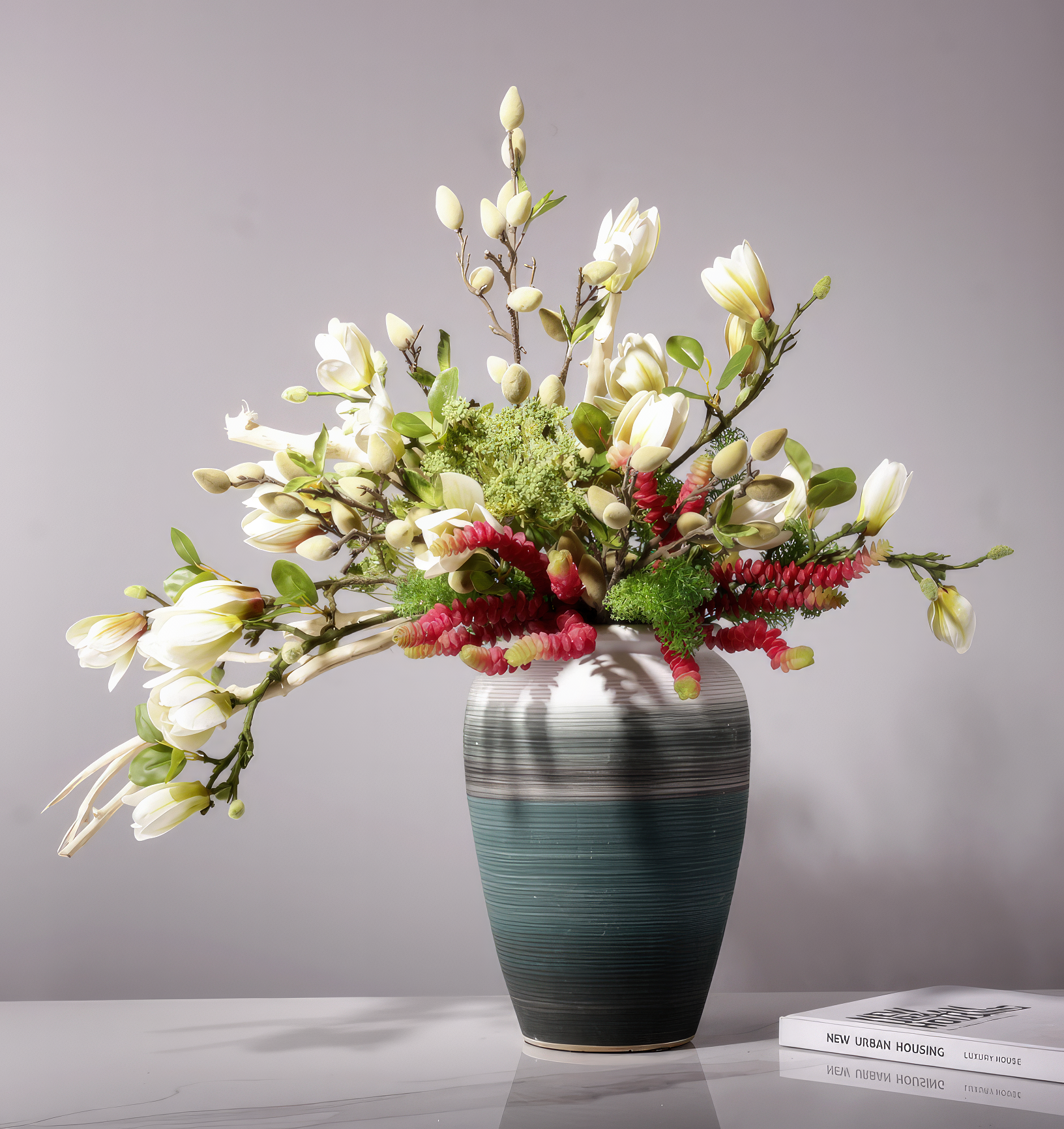 "Magnolia" Floral Arrangement in White-Green Vase