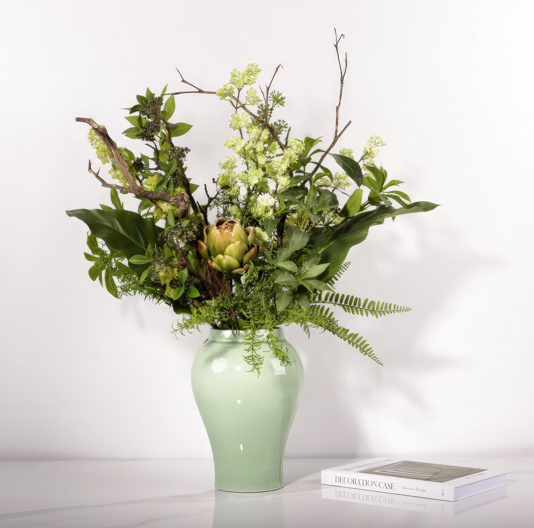 "Ivy" Floral Arrangement in Mint-Green Vase