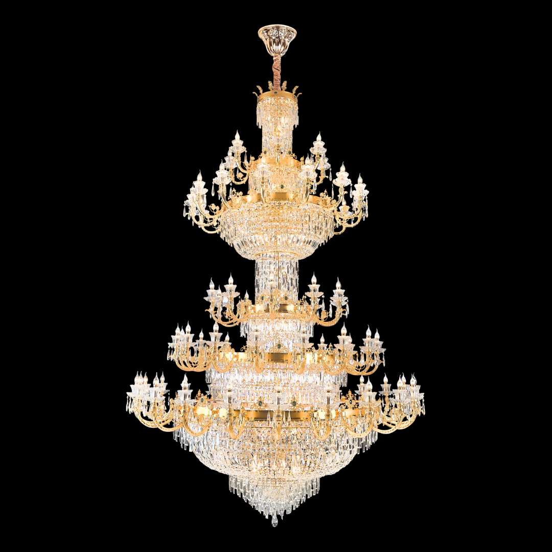 Grand 5-tier IMPERO crystal chandelier in 24K Yellow Gold, featuring a 3.4-meter towering silhouette and premium K9 crystals. A majestic neoclassical masterpiece for double-volume foyers and luxury great halls in Malaysia, including professional Klang Valley installation.