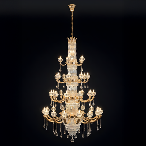 SOVRANO luxury 4-tier grand neoclassical chandelier with premium cascading K9 crystals and a lustrous gold finish; available for walk-in purchase at our Kuala Lumpur furniture mall with free Klang Valley installation included.