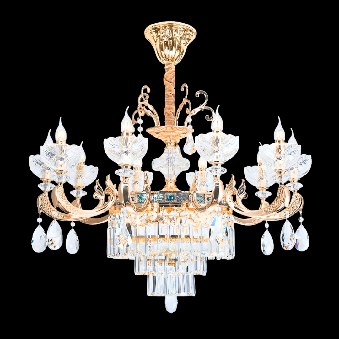 LUMINA 10-bulb 1-tier luxury chandelier in 24K rose gold with New Zealand mother-of-pearl; view it in person at our Kuala Lumpur showrooms and get free installation within Klang Valley.