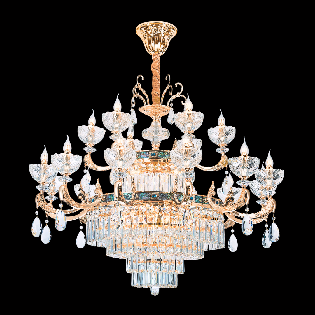 LUMINA 2-tier luxury chandelier in 24K Rose Gold featuring New Zealand Mother-of-pearl trimmings and K9 crystals. A neoclassical solid brass 10-bulb fixture designed for high-end foyers and dining halls. Available at our Kuala Lumpur showroom with complimentary Klang Valley installation.