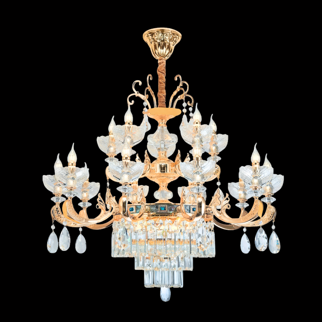 LUMINA decorative 2-tier 10-bulb luxury chandelier in 24K rose gold with New Zealand mother-of-pearl. Available at our Kuala Lumpur showroom with complimentary Klang Valley installation.