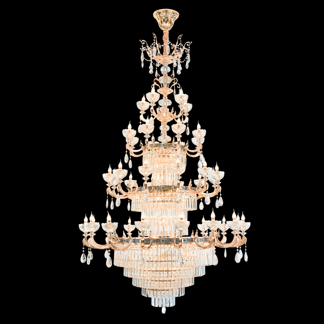 LUMINA grand chandelier, featuring a 41-bulb configuration across 4 tiers with 24K rose gold finish, high-end K9 crystals, and iridescent New Zealand Mother-of-pearl trimmings. View this majestic lighting masterpiece at our Kuala Lumpur showrooms with free installation available within Klang Valley.