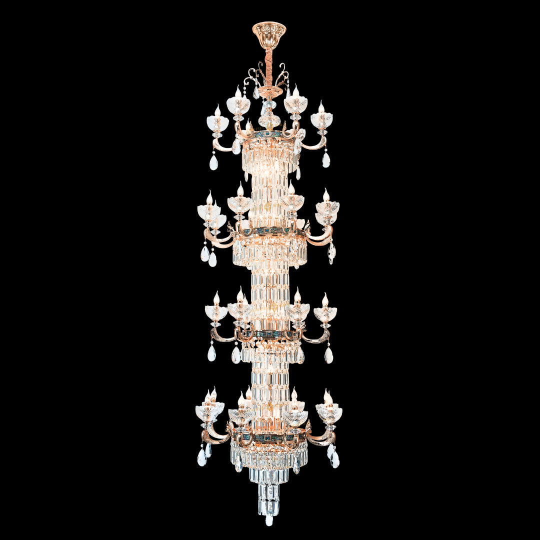 LUMINA 4-tier massive elaborate neoclassical brass chandelier with a 28-bulb configuration and iridescent trimmings; visit our Kuala Lumpur furniture mall for exclusive walk-in deals and free Klang Valley installation.