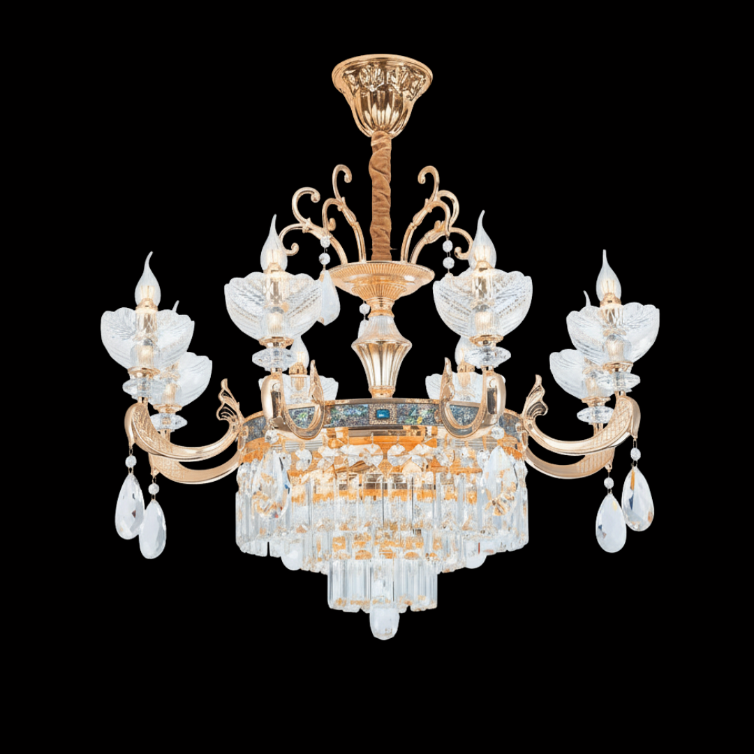 LUMINA 8-bulb luxury chandelier in 24K rose gold with New Zealand mother-of-pearl; see it in person at our Kuala Lumpur showrooms and enjoy free installation within Klang Valley.