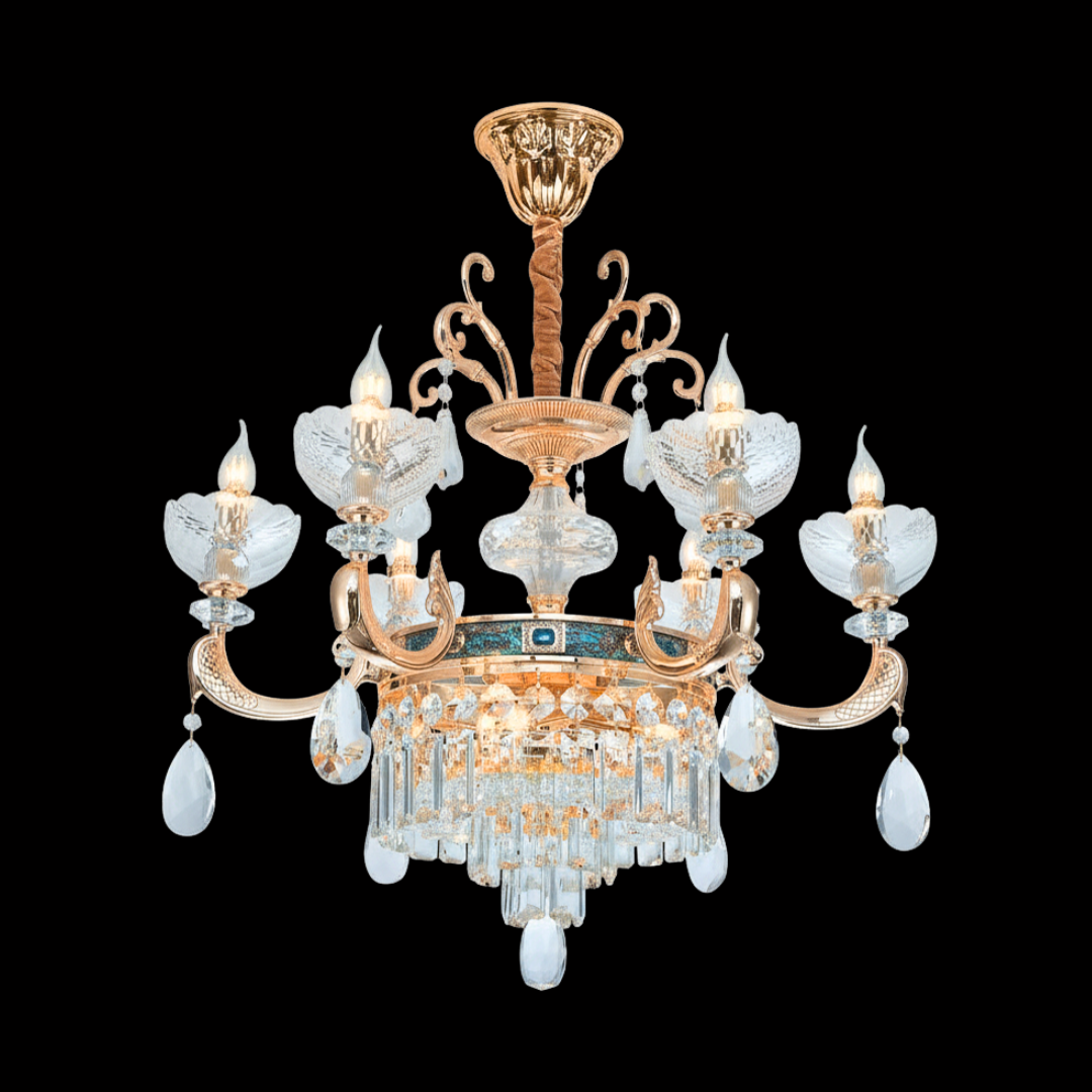 LUMINA neoclassical 6-bulb premium brass chandelier featuring iridescent mother-of-pearl trimmings; browse our lighting collection in Kuala Lumpur with free Klang Valley delivery and installation.