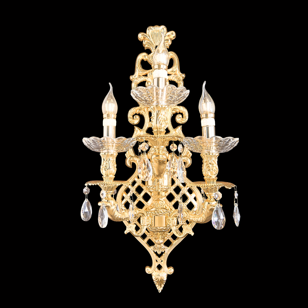 MAESTRA 3-light luxury wall sconce in 24K yellow gold with premium brass scrolls and K9 crystal trimmings; visit our Kuala Lumpur showrooms to view this neoclassical piece with free installation within Klang Valley.
