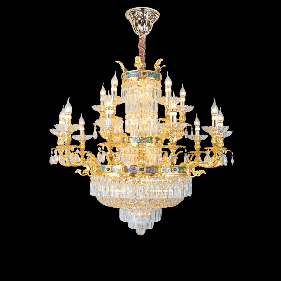 MAESTRA 15-bulb neoclassical large chandelier in 24K yellow gold with a 2-tier tiered silhouette and K9 crystals; visit our Kuala Lumpur showrooms to view this piece with free installation within Klang Valley.