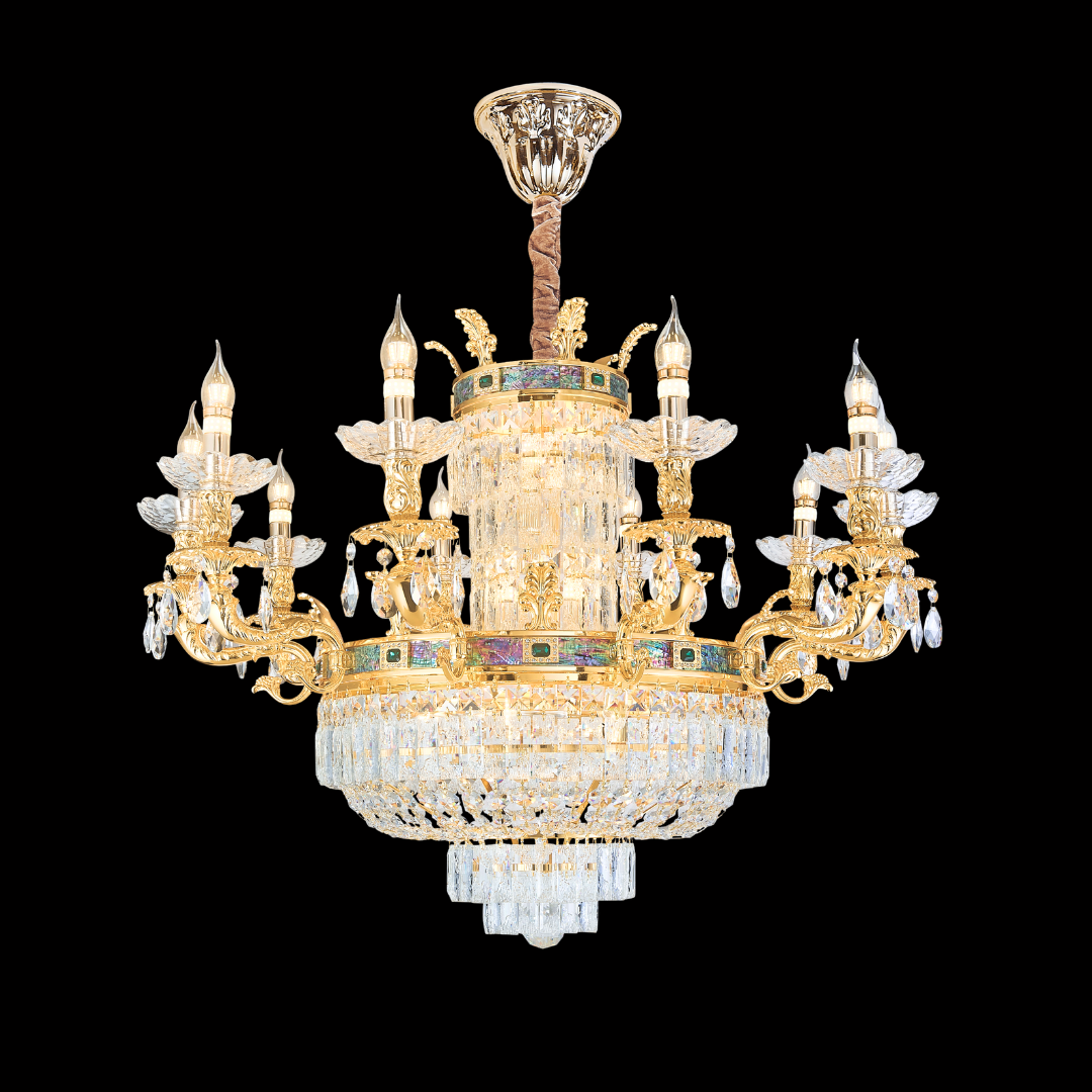 MAESTRA 10-bulb 1-tier luxury chandelier in 24K yellow gold featuring premium brass curves and K9 crystals; visit our Kuala Lumpur showrooms to see this neoclassical focal point with free installation within Klang Valley.