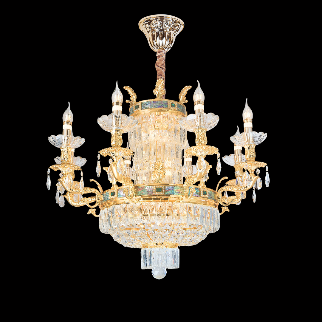MAESTRA 8-bulb luxury chandelier in 24K yellow gold featuring premium brass curves and K9 crystals; visit our Kuala Lumpur showrooms to see this neoclassical focal point with free installation within Klang Valley.