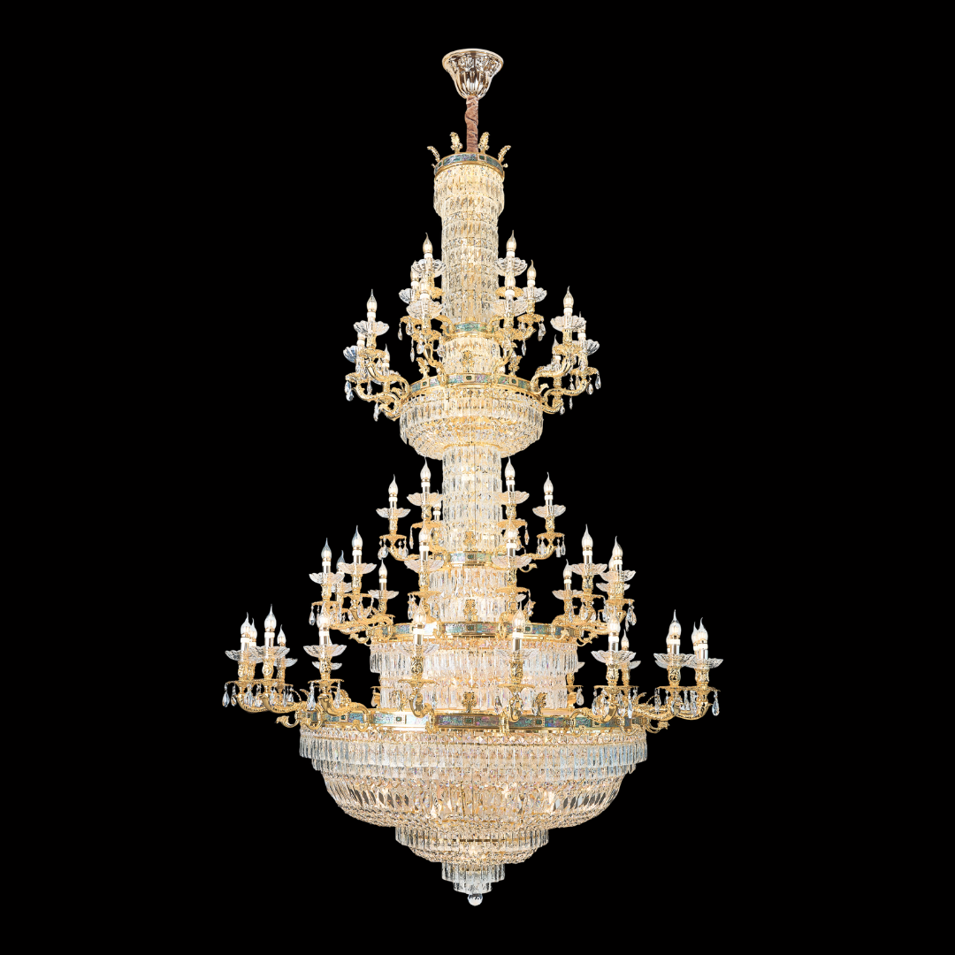 MAESTRA massive 5-tier grand chandelier in premium 24K yellow gold with 51 bulbs, K9 crystals, and New Zealand mother-of-pearl; see this majestic masterpiece at our Kuala Lumpur showrooms with free installation within Klang Valley.
