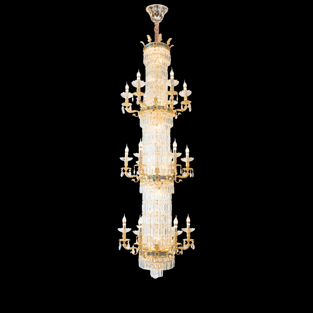 MAESTRA 3-tier grand chandelier in 24K yellow gold featuring a solid brass base, K9 crystals, and New Zealand mother-of-pearl; visit our Kuala Lumpur showrooms for this neoclassical masterpiece with free installation within Klang Valley.