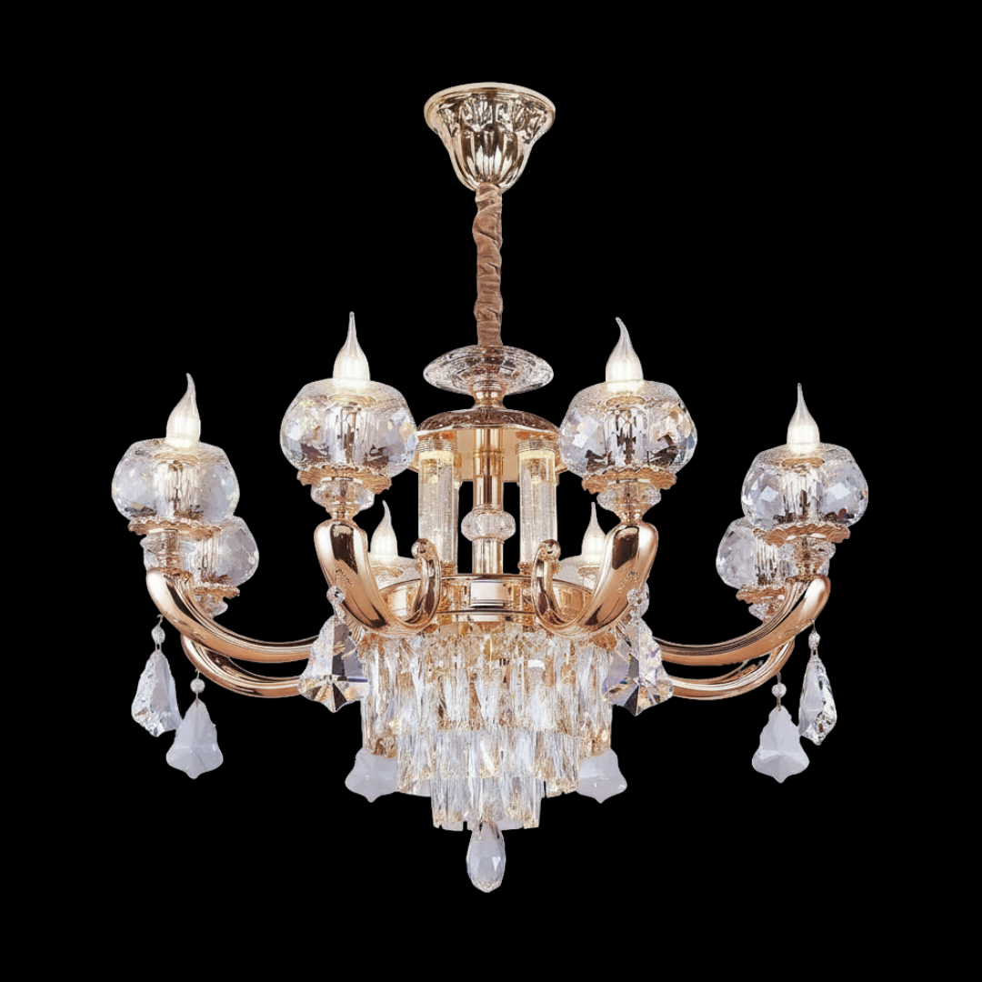 VALOIS 1-tier luxury zinc alloy chandelier in a 24K yellow gold finish with cascading K9 crystals and 8 bulbs; visit our Kuala Lumpur showrooms to view this neoclassical piece with free installation across Klang Valley.