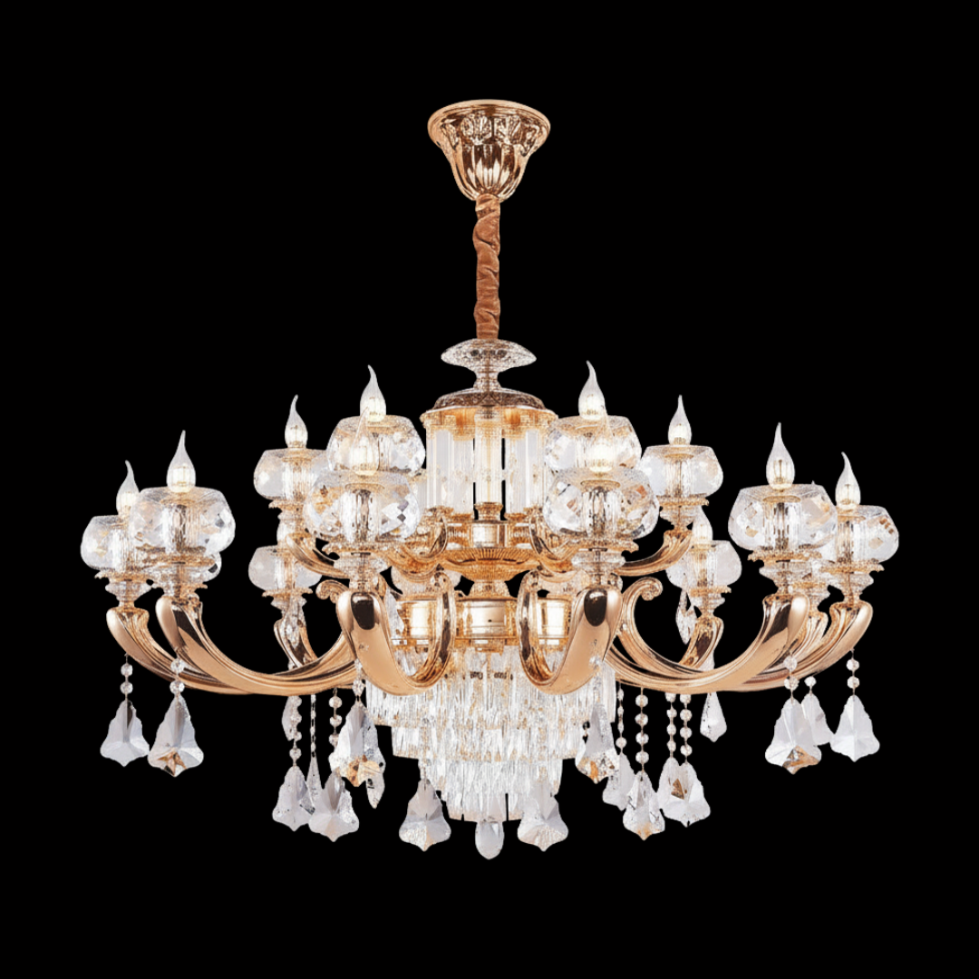 VALOIS 2-tier neoclassical elegant 12+6 bulb configuration VALOIS chandelier with cascading curves and yellow gold finish; available for walk-in purchase at our Kuala Lumpur furniture mall with free Klang Valley installation.