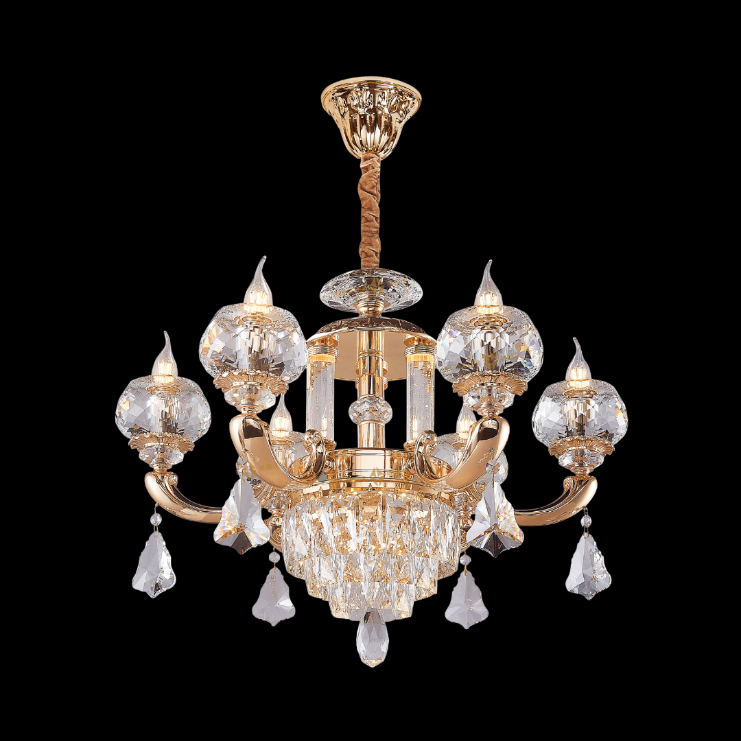 VALOIS 1-tier luxury zinc alloy crystal chandelier in a 24K yellow gold finish with cascading K9 crystals; visit our Kuala Lumpur showrooms to view this neoclassical piece with free installation across Klang Valley.