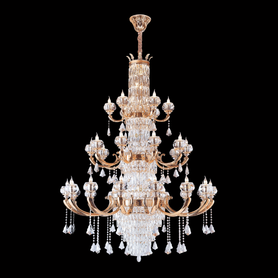 VALOIS grand majestic 3-tier chandelier in 24K rose gold with a zinc alloy base and cascading K9 crystals; visit our Kuala Lumpur showrooms to see this neoclassical focal point with free installation in Klang Valley.