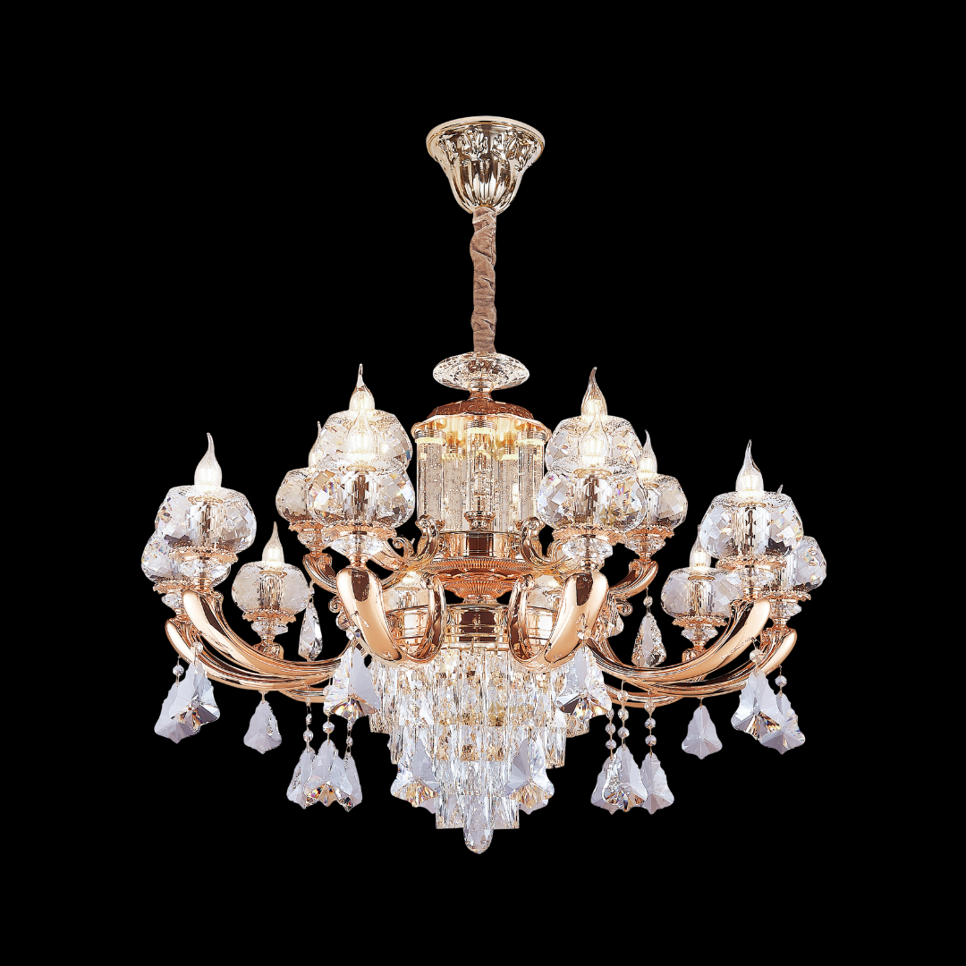VALOIS 2-tier luxury chandelier featuring a zinc alloy base and 15-bulb configuration in 24K yellow gold; experience the craftsmanship at our Kuala Lumpur showrooms with free installation within Klang Valley.