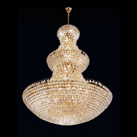VENDÔME 3-tier grand chandelier in yellow gold featuring 84 bulbs and cascading high-end crystal draping; visit our Kuala Lumpur showrooms to view this neoclassical masterpiece with free installation within Klang Valley.