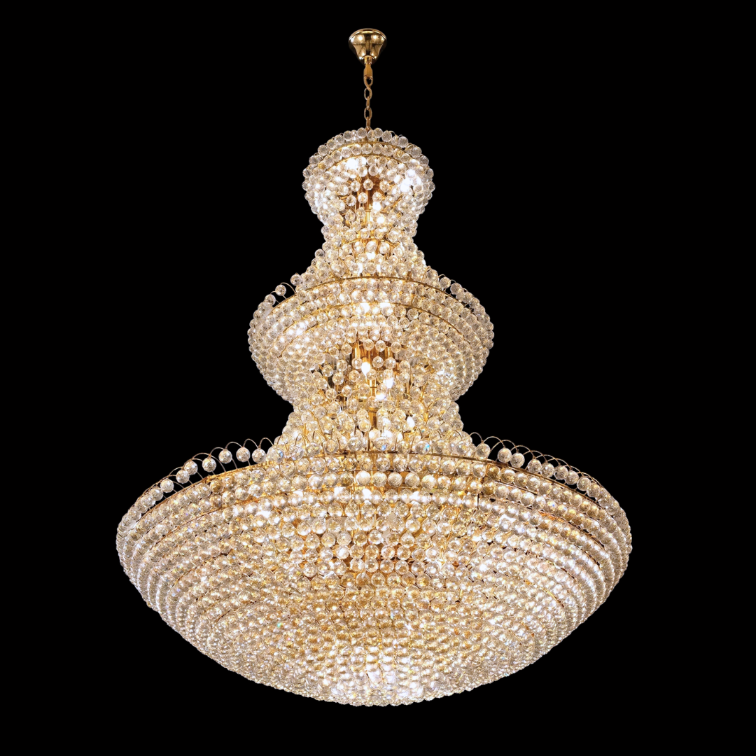 VENDÔME 3-tier grand chandelier in yellow gold featuring 84 bulbs and cascading high-end crystal draping; visit our Kuala Lumpur showrooms to view this neoclassical masterpiece with free installation within Klang Valley.